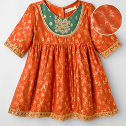 EARTHY TOUCH Cotton Woven Half Sleeves Ethnic Dress With Floral Print & Embriodery - Rust Orange-picture-30