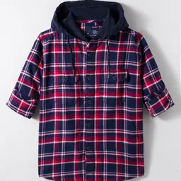 Junior Killer Full Sleeves Tartan Checked Slim Fit Hooded Shirt - Navy Blue-picture-14