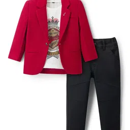 Dapper Dudes Full Sleeves Solid Blazer With Tee & Pant Set - Red-image-78