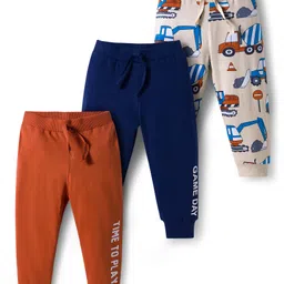 Babyhug Cotton Knit Full Length Lounge Pants With Vehicle Print Pack of 3 - Navy Blue Orange & White-picture-10