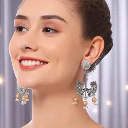 fabula Artificial Stones Studded And Beaded Oxidised Geometric Shaped Drop Earrings-image-11