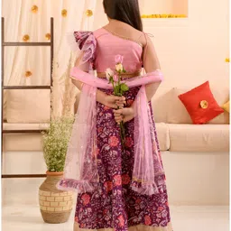 Pspeaches Cap Frill Sleeves Floral Printed Lace Detailed Lehenga Choli With Dupatta - Purple image 3