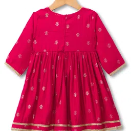 Babyhug Woven Three Fourth Sleeves Ethnic Dress With Floral Foil Print - Dark Pink image 2