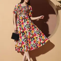 ZWERLON Women Floral Printed Puff Sleeve Smocked Fit & Flare Midi Dress image 4