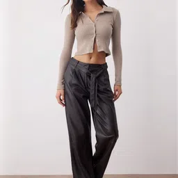 Trendyol Koyu Vizon Women Ribbed Shirt Collar Crop Shirt Style Top image 1