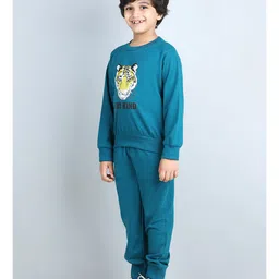 Aww Hunnie Full Sleeves Placement Text & Tiger  Printed Winter Sweatshirt And Joggers Set - Blue image 4