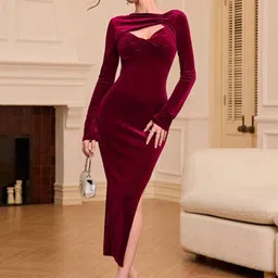KPOP Women Cut-Outs Slits Long Sleeves Bodycon Midi Dress-image-53
