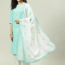 Biba Aqua Blue Woven Pattern Kurta and Pant with Dupatta image 3