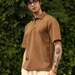 Campus Sutra Brown Regular Fit Self Pattern Polo T-Shirt image 3
