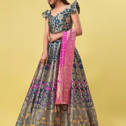 PURVAJA Teal Floral Print Stitched Lehenga & Unstitched Blouse With Dupatta image 3
