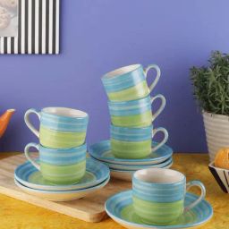 VarEesha Ananda Green & Blue Ceramic Tea Cups with Saucers (130 ml) - Set of 6-picture-44