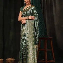 Silk Land Art Silk Green Striped Saree With Blouse image 3