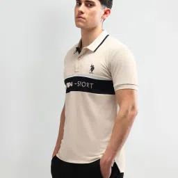 u.s. polo assn. USPA Active Beige Cotton Slim Fit Logo Printed Polo T-Shirt image 3