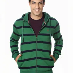 Allen Solly Green Cotton Regular Fit Striped Hooded Sweatshirt-picture-15