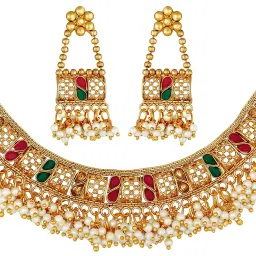 Peora Enamel Pearl Studded Gold-Plated Choker Necklace With Dangle Earrings Jewellery Set image 3