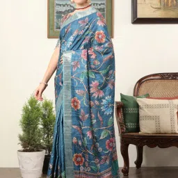 Saree Mall Blue Silk Printed Saree With Unstitched Blouse image 3