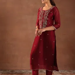 Libas Maroon Embroidered Kurta with Trousers & Dupatta image 3