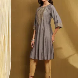 Biba Grey Polyester Blend Self Design 3/4th Sleeve Kurta image 3