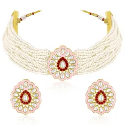 Peora White & Pink Kundan Beads Studded Choker Necklace & Earrings Set image 3