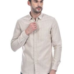 Numero Uno Beige Cotton Slim Fit Striped Shirt-picture-10