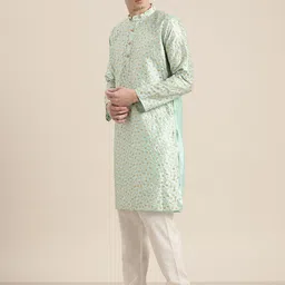 SOJANYA Men Sea Green Floral Regular Kurta with Churidar image 3