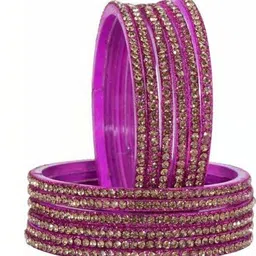 AMSHA Set Of 12 Gold-Plated & Magenta Glass Zircon Bangle-picture-32