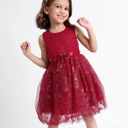 Babyhug Sleeveless Party Wear Frock Embroidered - Red-picture-26