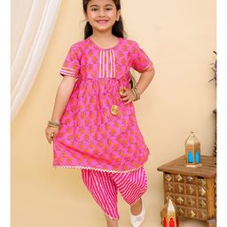 Superminis Three Fourth Sleeves Jaipuri Floral Motif Printed Kurta With Coordinating Gota Lace Embellished Overlapped Dhoti - Pink-picture-16