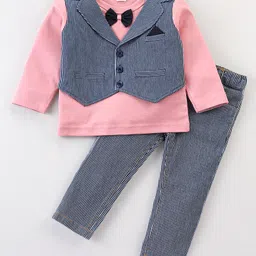Mini Taurus Full Sleeves Striped Tee & Trouser Set with Bow Tie & Waistcoat - Onion Pink-image-69