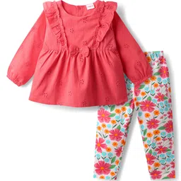 Babyhug 100% Cotton Full Sleeves Stiffly Top & Leggings With Floral Print - Red & White-image-75