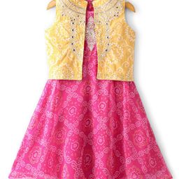 Babyhug Sleeveless Bandhani Printed Long Dress with Embroidered Jacket Set - Yellow & Fuschia-image-103
