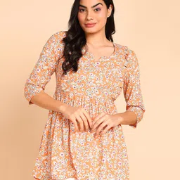 Zelena Three Fourth Sleeves Floral Printed  Maternity Top With Concealed Zipper   - Orange-picture-19