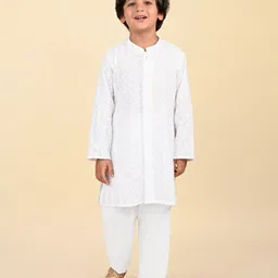 Babyhug Cotton Woven Cambric Embroidered Full Sleeves Kurta & Pyjama Set - White-picture-15
