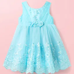 Babyhug Woven Sleeveless Party Dress With Floral Embroidery & Corsage - Aqua Blue-picture-27