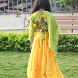 Mamma's Bear Three Fourth Sleeves Lace Embellished Choli With Bandhani Designed Lehenga & Dupatta Set - Yellow image 3