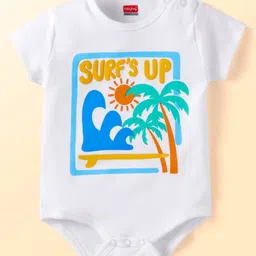 Babyhug 100% Cotton Knit Half Sleeves Onesie with Leggings with Beach Theme - White & Blue image 2