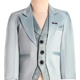 Rikidoos Full Sleeves Solid Shirt With Floral Embroidered Waistcoat Blazer Pant & Tie Set - Sea Green & Black image 2