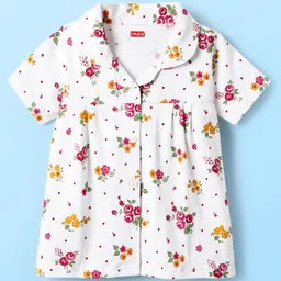 Babyhug Cotton Knit Front Open Half Sleeves Co-ord Night Suit With Floral Print - White image 2