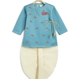 Tiber Taber 100% Cotton Full Sleeves Om Namah Shivay Text & Damru Embroidered Dhoti Kurta Set - Blue image 3