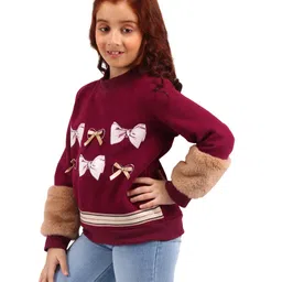 Cutecumber Fleece Full Sleeves Bow Applique Detailed Sweatshirt - Plum image 4