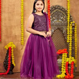 Aarika Georgette Woven Sleeveless Threadwork Embroidered Sequins Embellished Potli Attached Lehenga Choli With Dupatta Set - Purple image 4