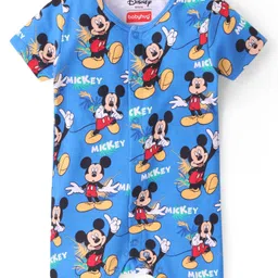 Babyhug Disney Interlock Knit Half Sleeves Rompers With Mickey Mouse Print Pack of 2 - Blue image 4