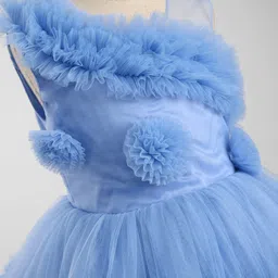 Bluebell Net Woven Sleeveless Party Frock With Floral Applique & Ruffle Detailing - Light Blue image 4