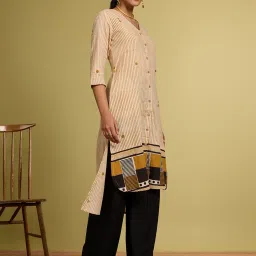 Taneira Beige Regular fit Cotton Stripes Kurtas image 3