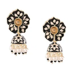 Zaveri Pearls Black & White Flower Enamel Ethnic Style Jhumki Earring-ZPFK16471 image 3