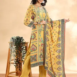 Yufta Yellow Straight Fit Ethnic Motifs Kurta Trouser Set With Dupatta image 3