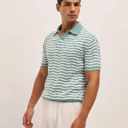 The Bear House Green Cotton Relaxed Fit Self Design Polo T-Shirt image 3