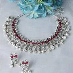 Zeneme Rhodium Plated AD Pearl Studded Necklace and Earrings Jewellery Set-image-83