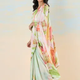 navyasa by liva White & Green Printed Saree With Unstitched Blouse image 3