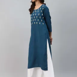 HIGHLIGHT FASHION EXPORT Teal Blue Embellished Straight Kurta image 3